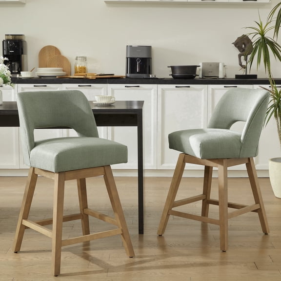 VKNOW 27" 360° Swivel Counter Height Bar Stools Set of 2, Upholstered with Backrest and Sturdy Rubberwood Legs for Kitchen Island, Breakfast Bar,Green