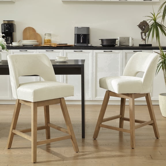 Usaint 27" 360° Swivel Counter Height Bar Stools Set of 2, Upholstered with Backrest and Sturdy Rubberwood Legs for Kitchen Island, Breakfast Bar,Beige