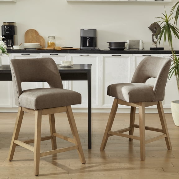 VKNOW 27" 360° Swivel Counter Height Bar Stools Set of 2, Upholstered with Backrest and Sturdy Rubberwood Legs for Kitchen Island, Breakfast Bar,Brown