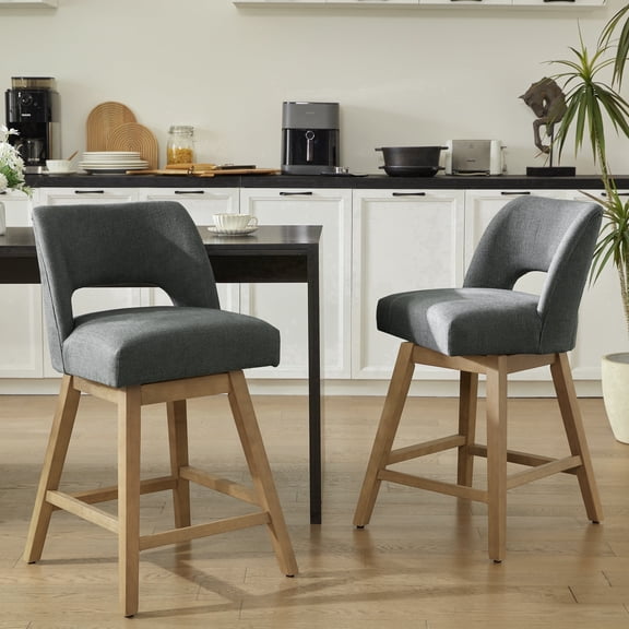 VKNOW 27" 360° Swivel Counter Height Bar Stools Set of 2, Upholstered with Backrest and Sturdy Rubberwood Legs for Kitchen Island, Breakfast Bar,Gray