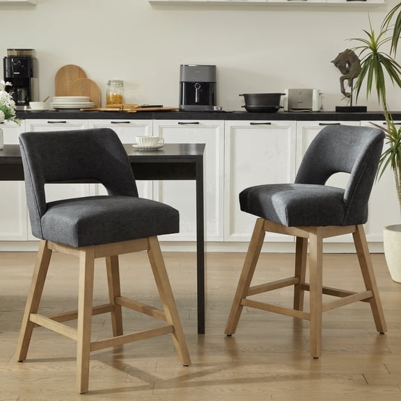 VKNOW 27" 360° Swivel Counter Height Bar Stools Set of 2, Upholstered with Backrest and Sturdy Rubberwood Legs for Kitchen Island, Breakfast Bar,Dark Gray