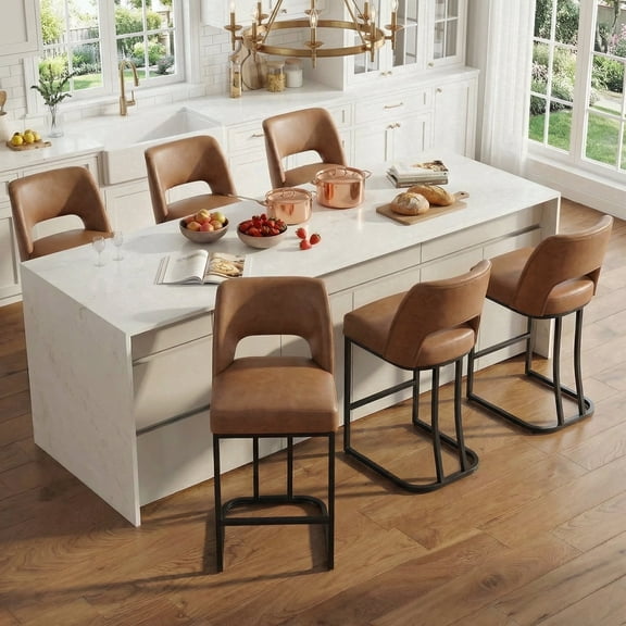 VKNOW Modern C-Shaped Counter Stools Set of 6 Ergonomic Kitchen Bar Stools for Kitchen Island, Counter, Home, Brown