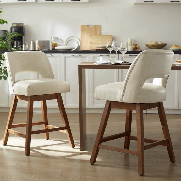 VKNOW Distressed Faux Leather Swivel Bar Stools Set of 2 Cutout Backrest Solid Wood Legs for Kitchen Island Counter Chairs,Beige