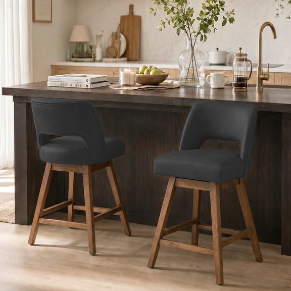 Usaint Distressed Faux Leather Swivel Bar Stools Set of 2 Cutout Backrest Solid Wood Legs for Kitchen Island Counter Chairs,Black