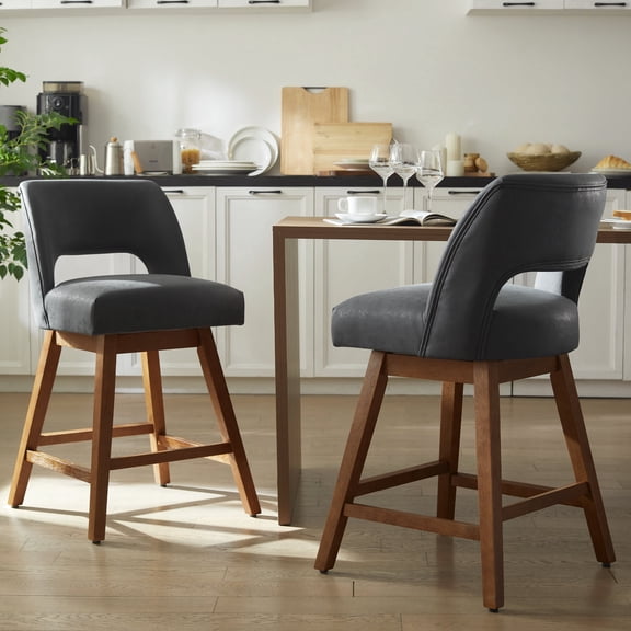 Vknow Furniture Distressed Faux Leather Swivel Bar Stools Set of 2 Cutout Backrest Solid Wood Legs for Kitchen Island Counter Chairs,Black