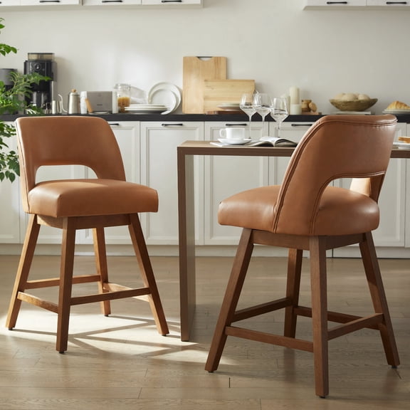 Vknow Furniture Distressed Faux Leather Swivel Bar Stools Set of 2 Cutout Backrest Solid Wood Legs for Kitchen Island Counter Chairs,Brown