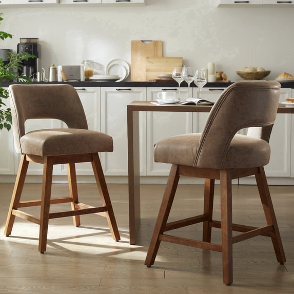 Usaint Distressed Faux Leather Swivel Bar Stools Set of 2 Cutout Backrest Solid Wood Legs for Kitchen Island Counter Chairs,Dark Brown