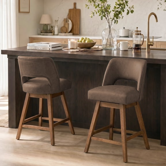 Usaint Distressed Faux Leather Swivel Bar Stools Set of 2 Cutout Backrest Solid Wood Legs for Kitchen Island Counter Chairs,Dark Brown