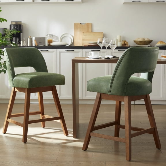 Vknow Furniture Distressed Faux Leather Swivel Bar Stools Set of 2 Cutout Backrest Solid Wood Legs for Kitchen Island Counter Chairs,Green