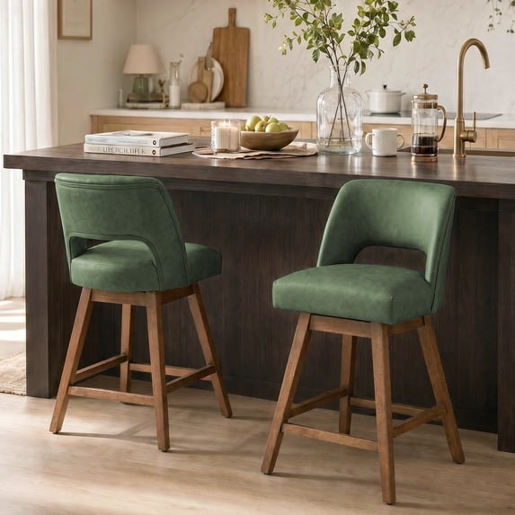Usaint Distressed Faux Leather Swivel Bar Stools Set of 2 Cutout Backrest Solid Wood Legs for Kitchen Island Counter Chairs,Green