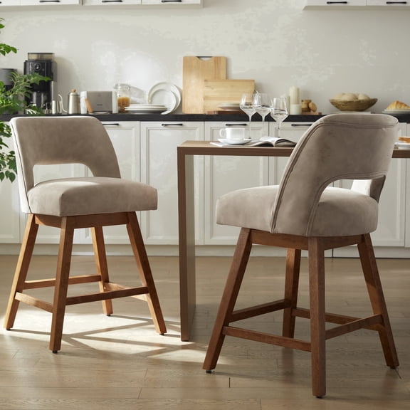 Usaint Distressed Faux Leather Swivel Bar Stools Set of 2 Cutout Backrest Solid Wood Legs for Kitchen Island Counter Chairs,Taupe