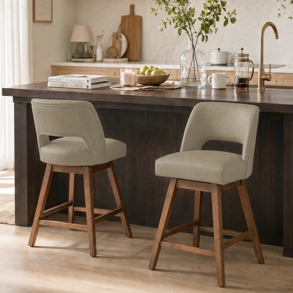 Usaint Distressed Faux Leather Swivel Bar Stools Set of 2 Cutout Backrest Solid Wood Legs for Kitchen Island Counter Chairs,Taupe