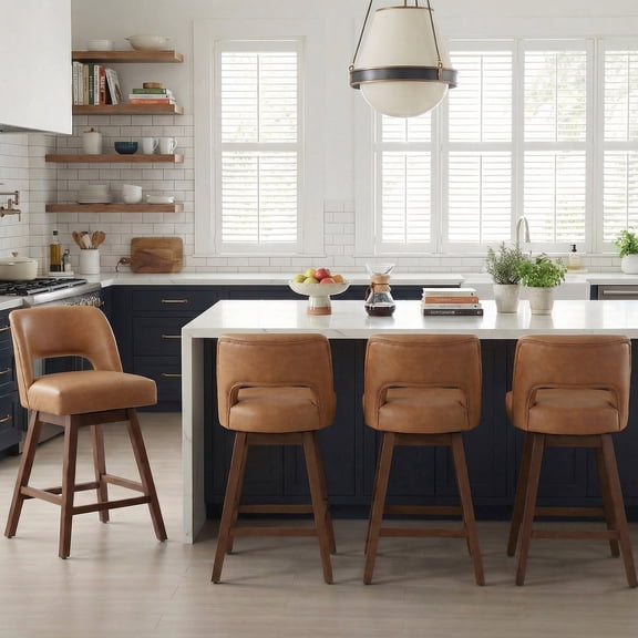 Vknow Furniture Distressed Faux Leather Swivel Bar Stools Set of 4 Cutout Backrest Solid Wood Legs for Kitchen Island Counter Chairs,Brown