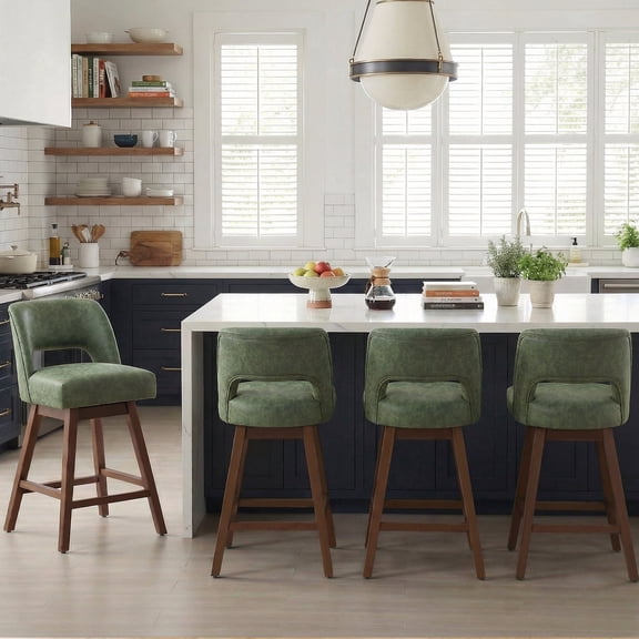 Vknow Furniture Distressed Faux Leather Swivel Bar Stools Set of 4 Cutout Backrest Solid Wood Legs for Kitchen Island Counter Chairs,Green