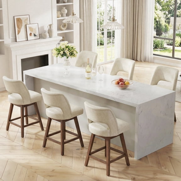 VKNOW Distressed Faux Leather Swivel Bar Stools Set of 6 Cutout Backrest Solid Wood Legs for Kitchen Island Counter Chairs,Beige