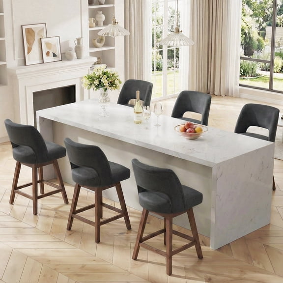 VKNOW Distressed Faux Leather Swivel Bar Stools Set of 6 Cutout Backrest Solid Wood Legs for Kitchen Island Counter Chairs,Black