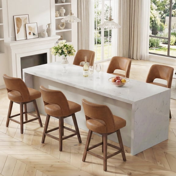 Vknow Furniture Distressed Faux Leather Swivel Bar Stools Set of 6 Cutout Backrest Solid Wood Legs for Kitchen Island Counter Chairs,Brown
