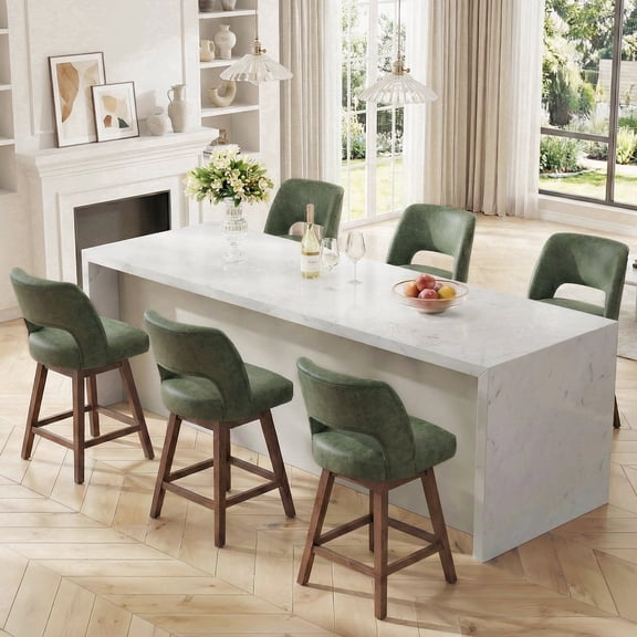 VKNOW Distressed Faux Leather Swivel Bar Stools Set of 6 Cutout Backrest Solid Wood Legs for Kitchen Island Counter Chairs,Green