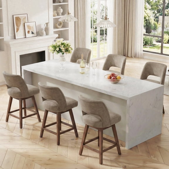 VKNOW Distressed Faux Leather Swivel Bar Stools Set of 6 Cutout Backrest Solid Wood Legs for Kitchen Island Counter Chairs,Taupe