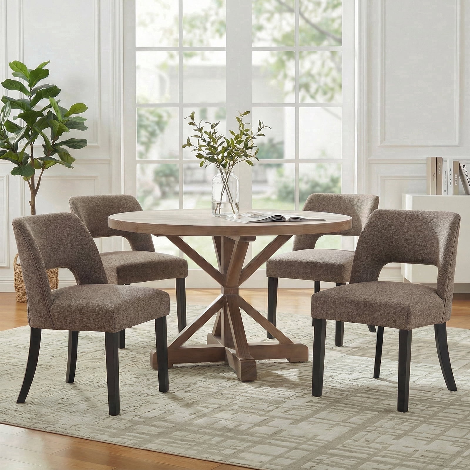 Vknow Furniture Durable Polyester Dining Chairs Set of 4 with Cutout Back and Wood Legs for Dining Room Kitchen,Brown
