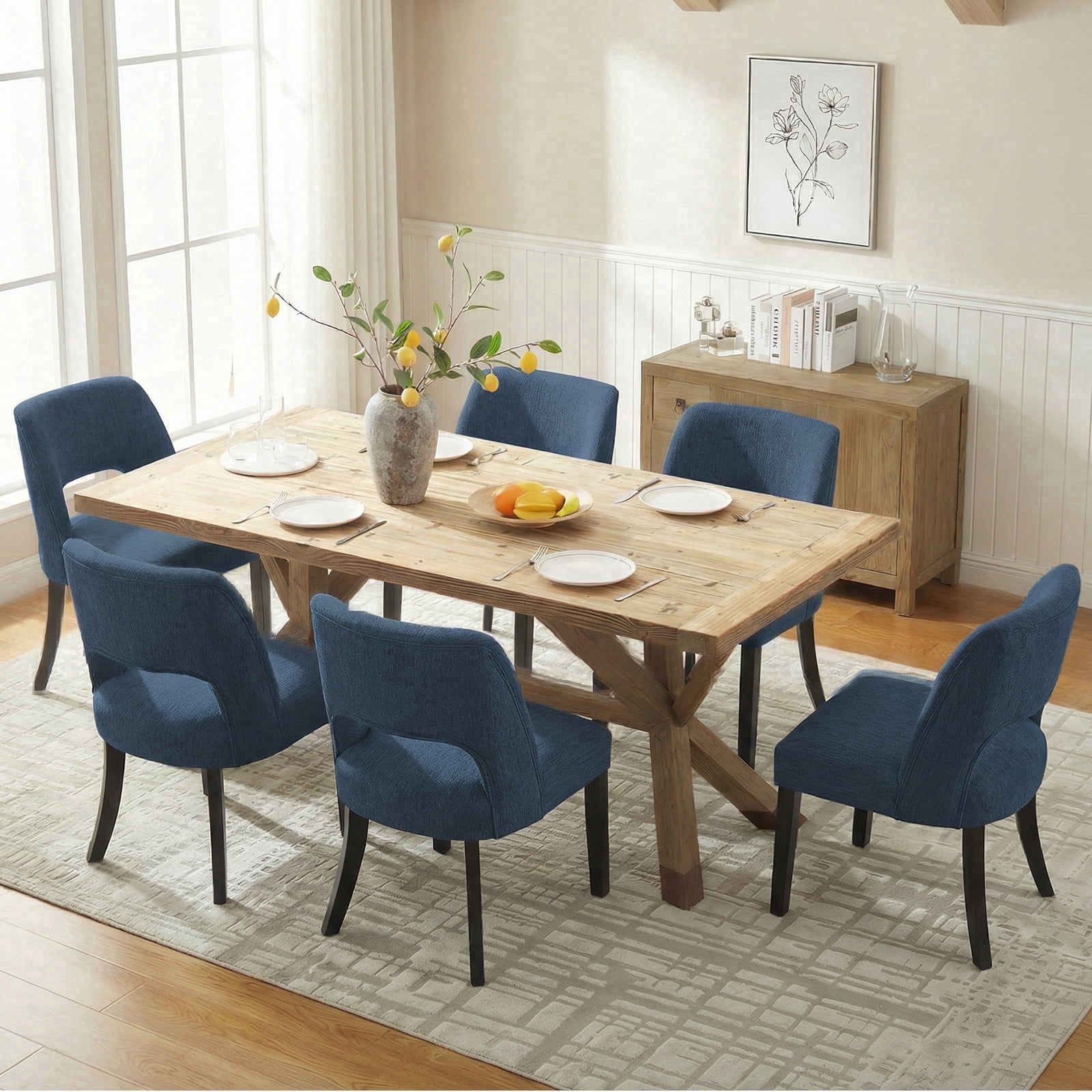 Vknow Furniture Durable Polyester Dining Chairs Set of 6 with Cutout Back and Wood Legs for Dining Room Kitchen,Blue