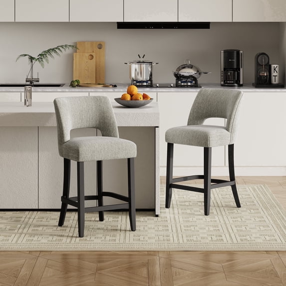 Vknow Furniture Mid-Century Counter Height Bar Stools Set of 2 with Solid Wood Legs and Ergonomic Backrest for Kitchen Island and Dining Room,Light Gray