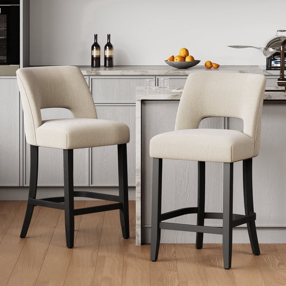 VKNOW Mid-Century Counter Height Bar Stools Set of 2 Upholstered Kitchen Bar Stools with Wood Legs and Ergonomic Backrest for Kitchen Island Dining Room Home Bar,Beige