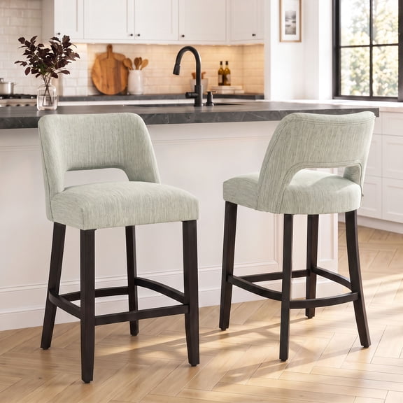VKNOW Mid-Century Counter Height Bar Stools Set of 2 Upholstered Kitchen Bar Stools with Wood Legs and Ergonomic Backrest for Kitchen Island Dining Room Home Bar,Light Gray