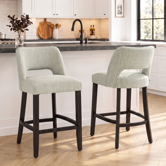 VKNOW Mid-Century Counter Height Bar Stools Set of 2 Upholstered Kitchen Bar Stools with Wood Legs and Ergonomic Backrest for Kitchen Island Dining Room Home Bar,Light Gray