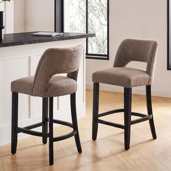 VKNOW Mid-Century Counter Height Bar Stools Set of 2 Upholstered Kitchen Bar Stools with Wood Legs and Ergonomic Backrest for Kitchen Island Dining Room Home Bar,Brown