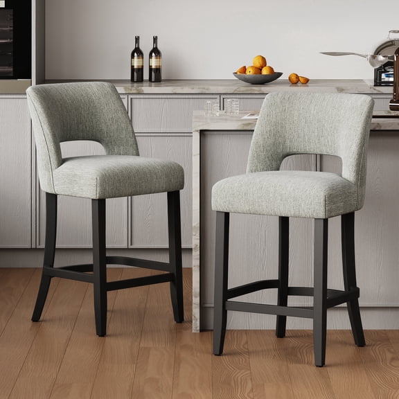 Vknow Furniture Mid-Century Counter Height Bar Stools Set of 2 Upholstered Kitchen Bar Stools with Wood Legs and Ergonomic Backrest for Kitchen Island Dining Room Home Bar,Light Gray