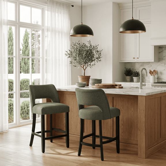 VKNOW Mid-Century Counter Height Bar Stools Set of 2 Upholstered Kitchen Bar Stools with Wood Legs and Ergonomic Backrest for Kitchen Island Dining Room Home Bar,Green
