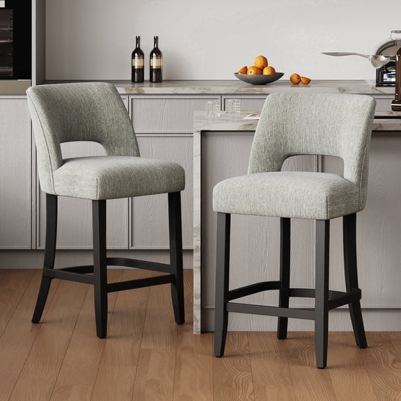 VKNOW Mid-Century Counter Height Bar Stools Set of 2 Upholstered Kitchen Bar Stools with Wood Legs and Ergonomic Backrest for Kitchen Island Dining Room Home Bar,Light Gray