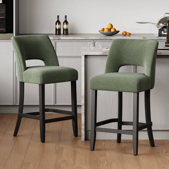 Vknow Furniture Mid-Century Counter Height Bar Stools Set of 2 Upholstered Kitchen Bar Stools with Wood Legs and Ergonomic Backrest for Kitchen Island Dining Room Home Bar,Green