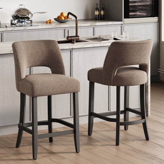 VKNOW Mid-Century Counter Height Bar Stools Set of 2 Upholstered Kitchen Bar Stools with Wood Legs and Ergonomic Backrest for Kitchen Island Dining Room Home Bar,Brown