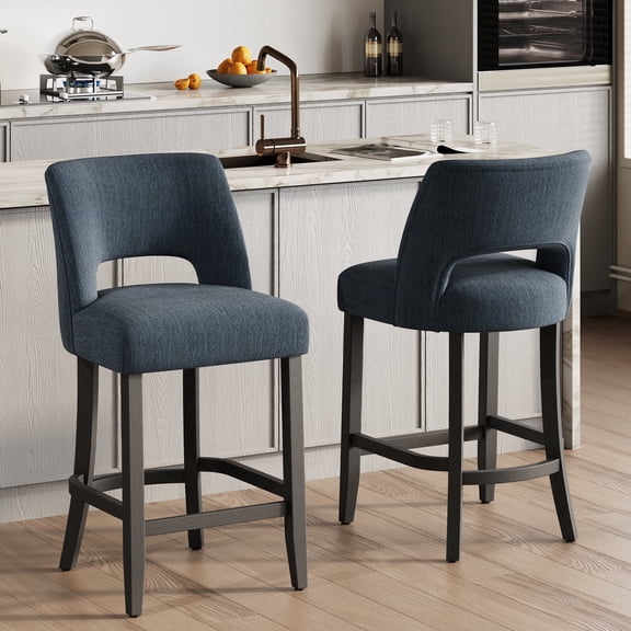 Vknow Furniture Mid-Century Counter Height Bar Stools Set of 2 Upholstered Kitchen Bar Stools with Wood Legs and Ergonomic Backrest for Kitchen Island Dining Room Home Bar,Blue