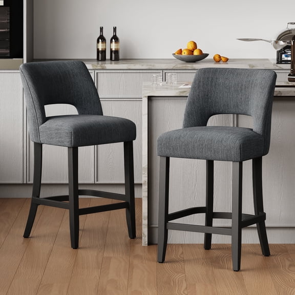 Vknow Furniture Mid-Century Counter Height Bar Stools Set of 2 Upholstered Kitchen Bar Stools with Wood Legs and Ergonomic Backrest for Kitchen Island Dining Room Home Bar,Dark Gray