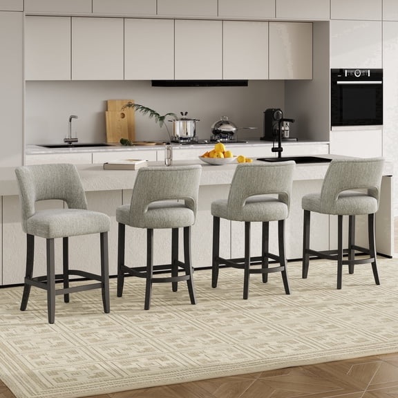 VKNOW Mid-Century Counter Height Bar Stools Set of 4 with Solid Wood Legs and Ergonomic Backrest for Kitchen Island and Dining Room,Light Gray