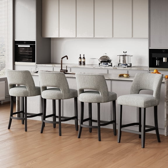 VKNOW Mid-Century Counter Height Bar Stools Set of 4 Upholstered Kitchen Bar Stools with Wood Legs and Ergonomic Backrest for Kitchen Island Dining Room Pub Cafe,Light Gray