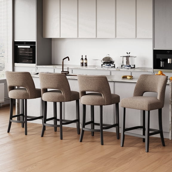 VKNOW Mid-Century Counter Height Bar Stools Set of 4 Upholstered Kitchen Bar Stools with Wood Legs and Ergonomic Backrest for Kitchen Island Dining Room Pub Cafe,Brown