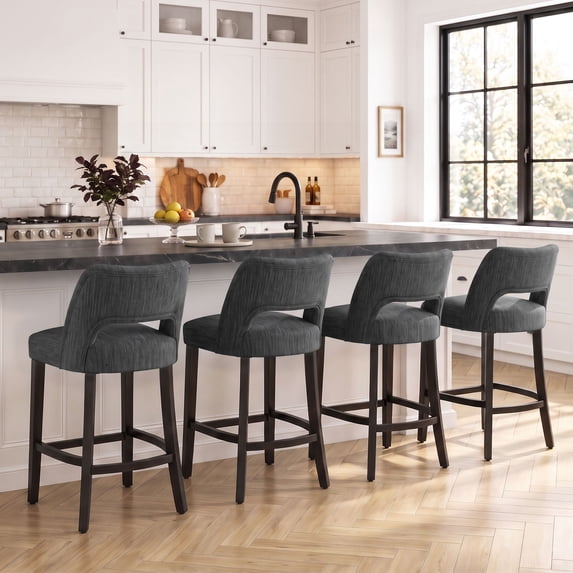 VKNOW Mid-Century Counter Height Bar Stools Set of 4 Upholstered Kitchen Bar Stools with Wood Legs and Ergonomic Backrest for Kitchen Island Dining Room Pub Cafe,Dark Gray