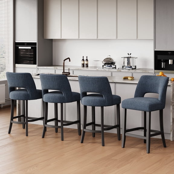 VKNOW Mid-Century Counter Height Bar Stools Set of 4 Upholstered Kitchen Bar Stools with Wood Legs and Ergonomic Backrest for Kitchen Island Dining Room Pub Cafe,Blue