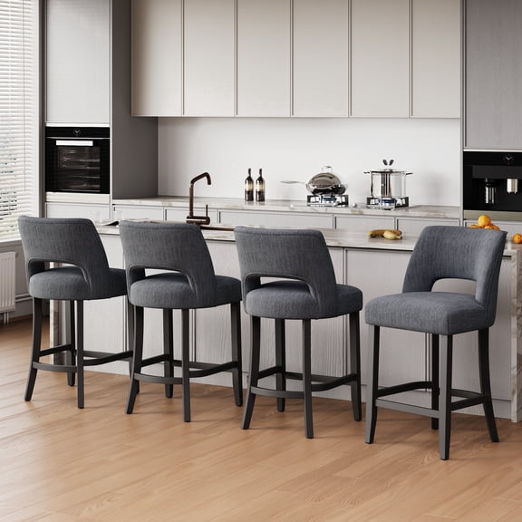 VKNOW Mid-Century Counter Height Bar Stools Set of 4 Upholstered Kitchen Bar Stools with Wood Legs and Ergonomic Backrest for Kitchen Island Dining Room Pub Cafe,Dark Gray