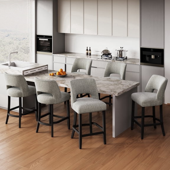 VKNOW Mid-Century Counter Height Bar Stools Set of 6 Upholstered Kitchen Bar Stools with Wood Legs and Ergonomic Backrest for Kitchen Island Dining Room Bistro,Light Gray