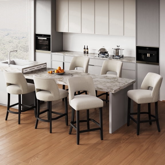 VKNOW Mid-Century Counter Height Bar Stools Set of 6 Upholstered Kitchen Bar Stools with Wood Legs and Ergonomic Backrest for Kitchen Island Dining Room Bistro,Beige