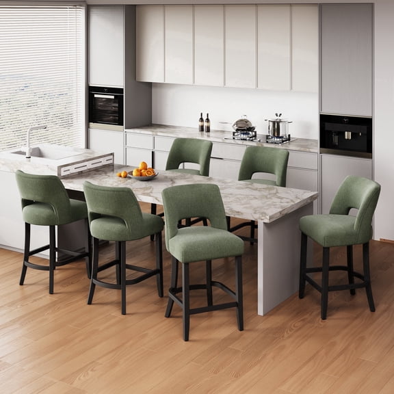 VKNOW Mid-Century Counter Height Bar Stools Set of 6 Upholstered Kitchen Bar Stools with Wood Legs and Ergonomic Backrest for Kitchen Island Dining Room Bistro,Green