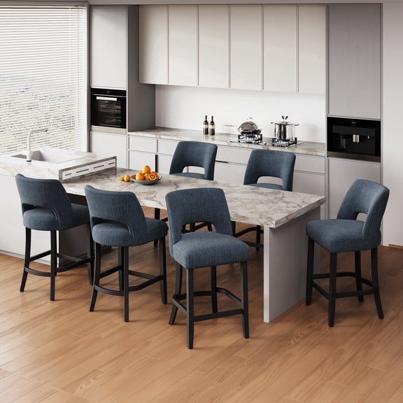 VKNOW Mid-Century Counter Height Bar Stools Set of 6 Upholstered Kitchen Bar Stools with Wood Legs and Ergonomic Backrest for Kitchen Island Dining Room Bistro,Blue