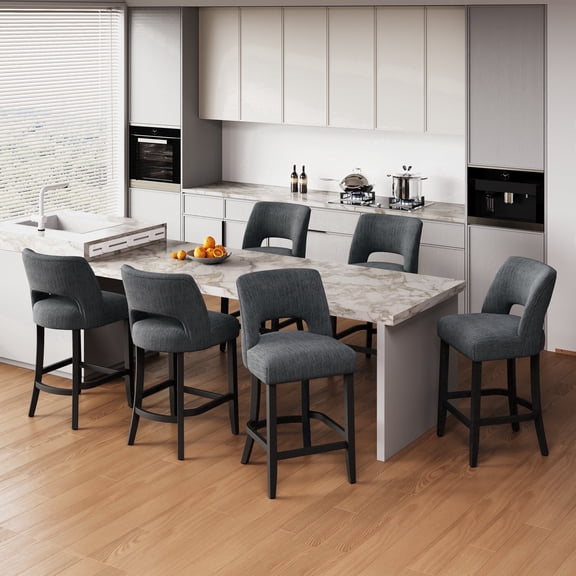 VKNOW Mid-Century Counter Height Bar Stools Set of 6 Upholstered Kitchen Bar Stools with Wood Legs and Ergonomic Backrest for Kitchen Island Dining Room Bistro,Dark Gray