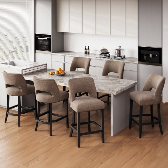 VKNOW Mid-Century Counter Height Bar Stools Set of 6 Upholstered Kitchen Bar Stools with Wood Legs and Ergonomic Backrest for Kitchen Island Dining Room Bistro,Brown