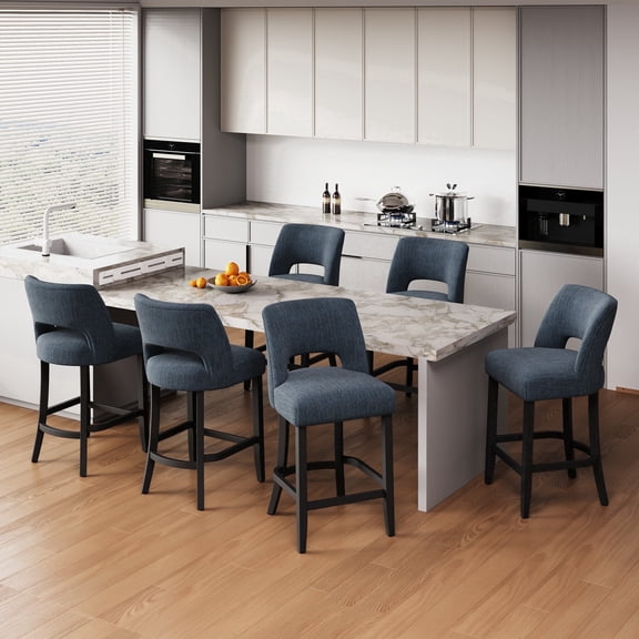 VKNOW Mid-Century Counter Height Bar Stools Set of 6 Upholstered Kitchen Bar Stools with Wood Legs and Ergonomic Backrest for Kitchen Island Dining Room Bistro,Blue